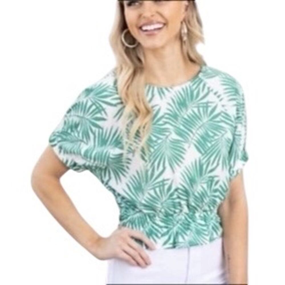 Allie Rose Tropical Green Palm Leaf Print Cropped Top Blouse Size Large